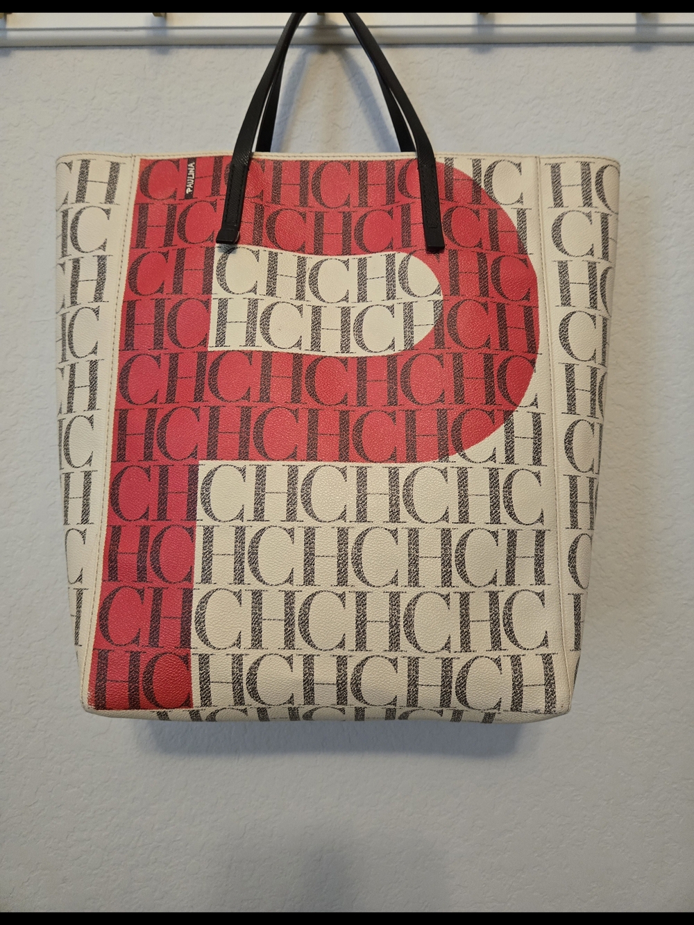 Carolina Herrera Ivory Monogram Tote with Red CH Graphic and Black Handles